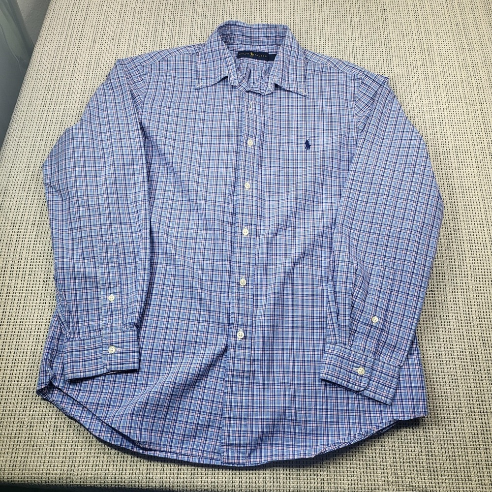 Ralph Lauren‎ Shirt Mens Large Blue Plaid Long Sleeve Button Front Pony Logo